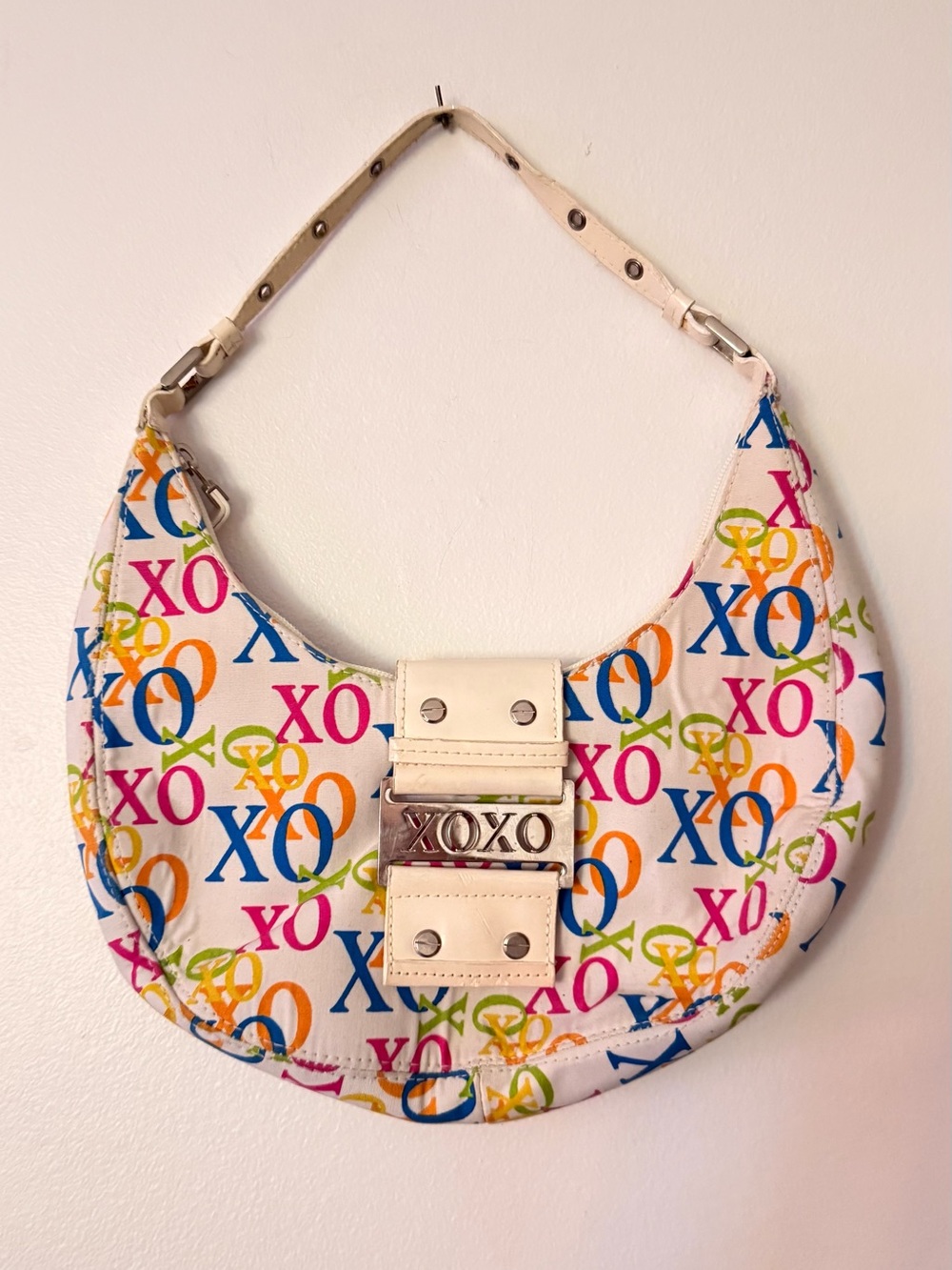 XOXO White Multicolor Logo Crescent Shoulder Bag Y2K
